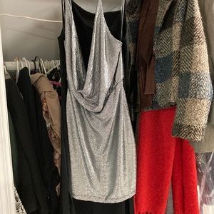 New Year’s Eve silver shimmery cowl neck dress designer heartbeeps